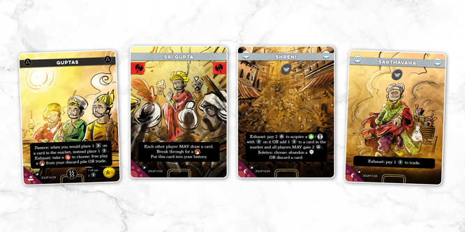 A selection of sample cards from the Guptas deck from Imperium: Horizons, titled left to right: Guptas, Sri Gupta, Shreni and Sarthavaha.