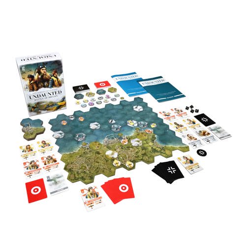 A photo of the Undaunted: Battle of Britain box next to a fully set-up game board made up of hex tiles and covered with various tokens depicting planes, clouds, barrage balloons and anti-aircraft guns. Around the board are a wide array of cards for each faction.