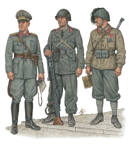 A fully-coloured illustration of a colonel, soldier and corporal from the WW2 Italian army