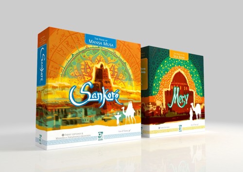 An image of the board game boxes for Sankoré and Merv side by side