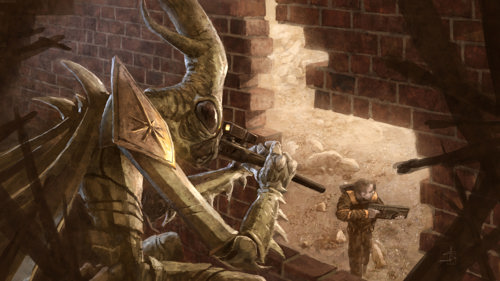 An illustration of an insectoid alien figure looking at an armed human through a ruined wall with a long telescopic device