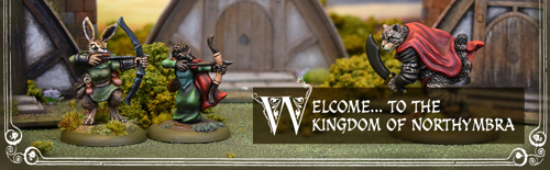 A footer banner for Burrows & Badgers: Second Edition with a photo of fully painted miniature figures and terrain for the game: a rabbit and hedgehog archer facing down a wildcat with a cloak and cutlass, above the words "WELCOME... TO THE KINGDOM OF NORTHYMBRA"
