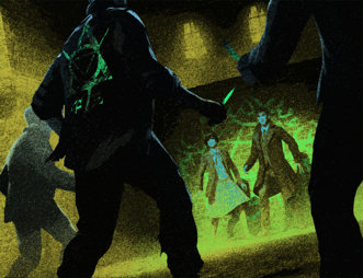 An illustration of two investigators cornered in an alley by assailants with occult symbols painted on their backs