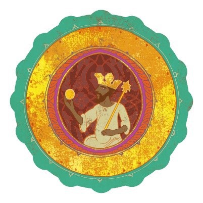 An image of the first player token from Sankoré, modelled on the famous portrait of Mansa Musa depicted crowned and holding an orb and sceptre