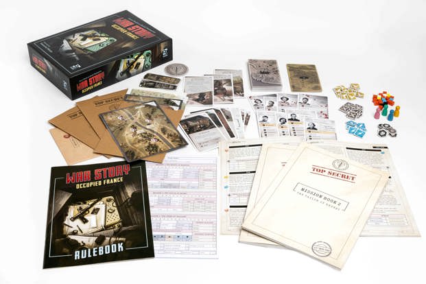 A photo of the board game box for War Story: Occupied France alongside all the components laid out, including the rulebook, multiple mission books, various cards, tokens and envelopes for secret components