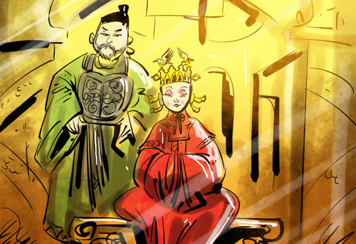 An illustration of Empress Wu Zeitan seated on a throne