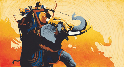 An illustration from Battalion: War of the Ancients depicting a Carthaginian war elephant rearing up as soldiers on its back fire arrows from their bows