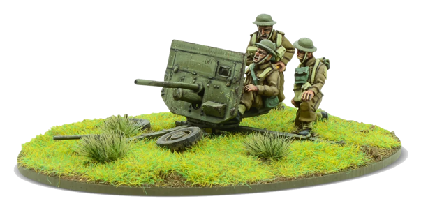 A fully painted miniature figure of a WW2 anti-tank gun and crew