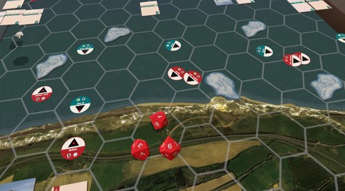 A screenshot of the prototype of Undaunted: Battle of Britain in Tabletop Simulator, showing rudimentary versions of the board and components representing planes and the British coastline