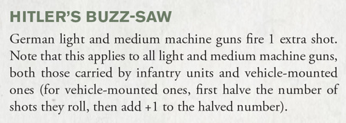 An extract from Bolt Action: Armies of Germany: Third Edition showing the special rule "Hitler's Buzz-Saw" enhancing German machine guns