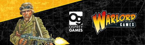 A banner with an illustration of a WW2 soldier firing a gun against a black and yellow background with a strategic map texture, alongside the Osprey Games and Warlord Games logos