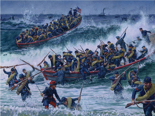 Artwork showing HAWKINS’ ZOUAVES AT HATTERAS INLET, AUGUST 28, 1861