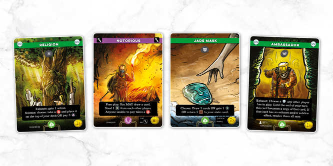 A sample spread of cards from Imperium: Horizons, called left to right: Religion, Notorious, Jade Mask, Ambassador