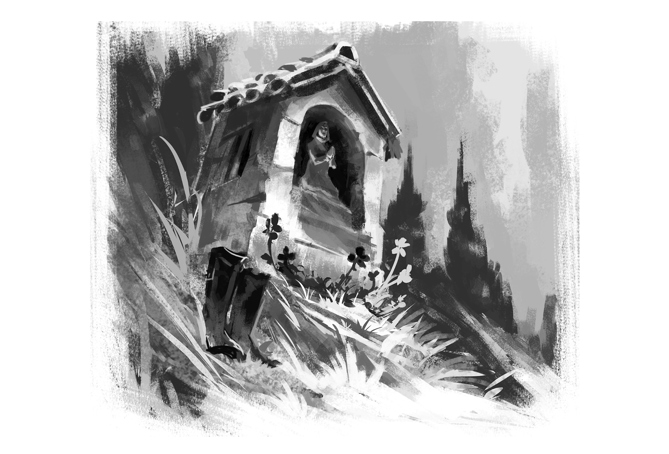 An illustration of a shrine piled with offerings in the countryside