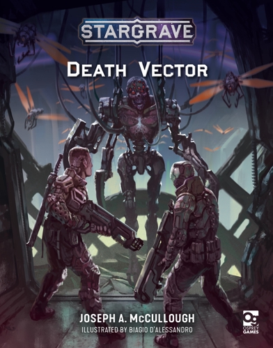 The cover for Stargrave: Death Vector, with art depicting two sci-fi soldiers in front of a towering cyborg hanging from a web of cables, with insect-like drones swarming in the background
