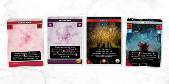 A selection of sample cards from the Cultists deck of Imperium: Horizons, titled left to right: Corrupted, Summoned, Chaos and Summon Aid
