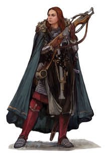 An illustration of a woman in a cloak and armour holding a crossbow