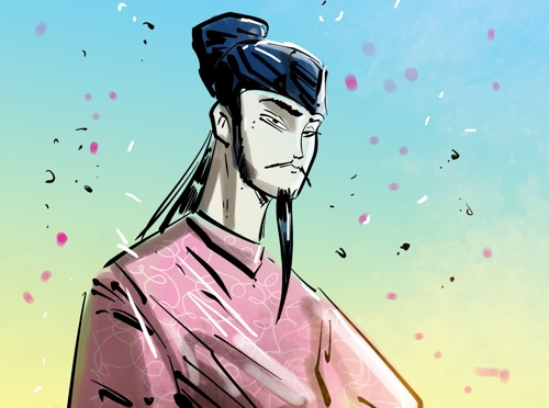 An illustration of Prince Shotoku Taishi with blossom falling through the air behind him