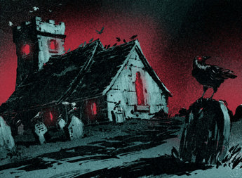 An illustration of a deserted countryside church with a crow perched on a tombstone