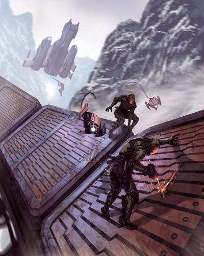 An illustration of a futuristic train heist: two figures in spacesuits are running along the moving carriages, one cutting inside with a laser and one surrounded by flying drones, while another is swinging down from a shuttle in the background.