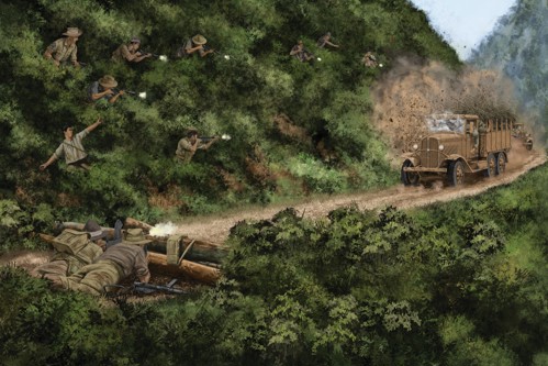 Artwork showing the AMBUSH ON THE MAWCHI ROAD, KARENNI HILLS, APRIL 1945