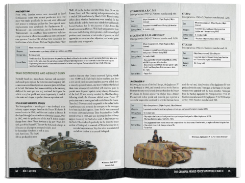A sample spread from the Bolt Action: Armies of Germany: Third Edition book, showing photos of fully painted miniature WW2 tank models and various unit and rules information