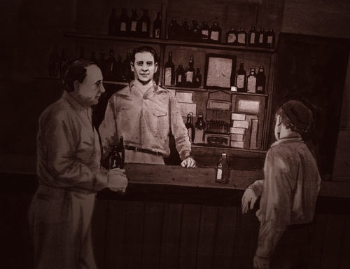 An illustration of a group of men standing at a bar
