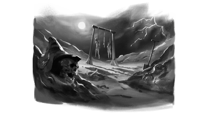 An illustration of corpses and a gallows beneath lightning and a full moon