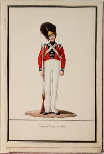 A period diagram of a grenadier of the Kingdom of Naples in full uniform and holding a musket