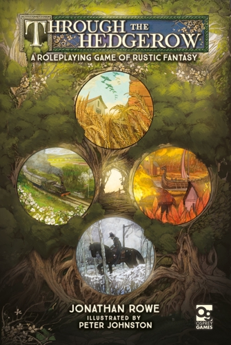 The cover for Through The Hedgerow: A Roleplaying Game of Rustic Fantasy, with art depicting a glowing doorway naturally formed out of the roots and branches of trees and four highlighted scenes surrounding it: WW2 planes flying over a golden cornfield, a viking longship sailing past a burning village, an English Civil War witchfinder riding past a hangman's noose in the dead of winter, and a steam train rolling past a field full of flowers