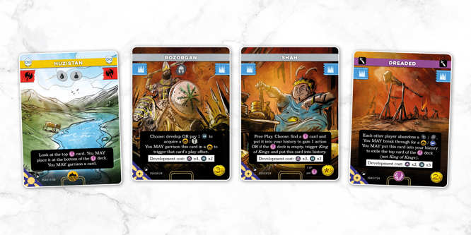 A selection of sample cards from the Sassanid deck of Imperium: Horizons, named left to right: Huzistan, Bozorgan, Shah, Dreaded
