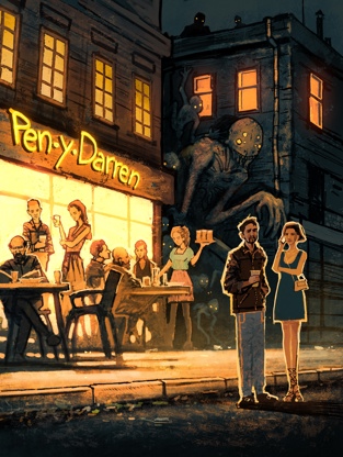 An illustration of a crowd of young people sat and stood drinking and chatting outside an establishment with a light-up sign reading "Pen-y-Darren". From an alley behind them, a swarm of vaguely humanoid, many-eyed monsters of varying sizes are crawling and skulking down buildings and from the shadows.