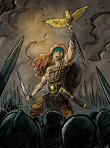 An illustration of a Celtic warrior with red hair and face paint holding up a captured Roman eagle