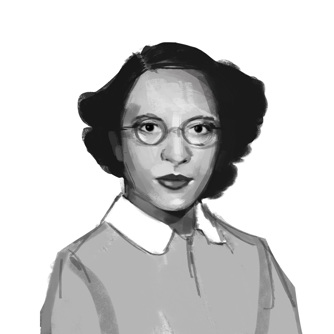 A black-and-white sketch illustration of a woman in glasses