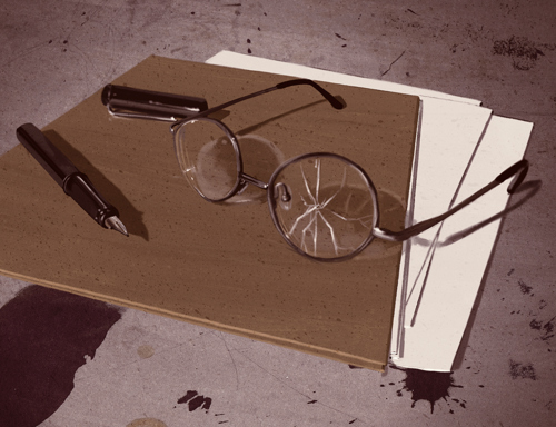 An illustration of a cracked pair of glasses on top of a folder with papers spilling out and an opened fountain pen. There are blood stains on the surface around it.