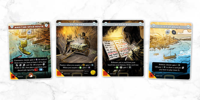 A sample spread of cards from the Aksumites deck from Imperium: Horizons, titled left to right: Maritime Spice Route, Salt Mines, Ge'ez Script and City of Adulis
