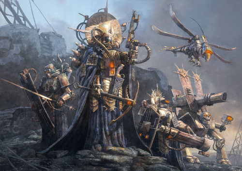 An illustration of a band of figures wearing rusted armour and carrying a mix of melee weapons and guns, accompanied by strange robotic creations