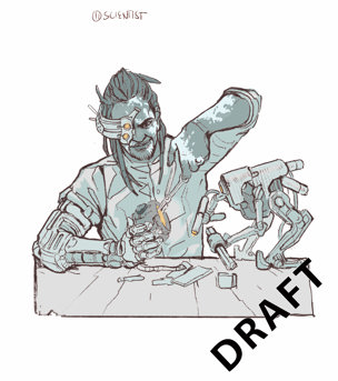 An early sketch of a man with a mechanical arm and eyepiece working on a piece of strange technology, helped by a small rudimentary robot. The word "DRAFT" is in the bottom corner.