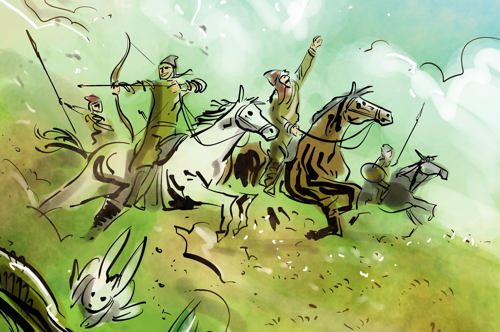 An illustration of mounted Magyar nomads hunting a rabbit through a green field