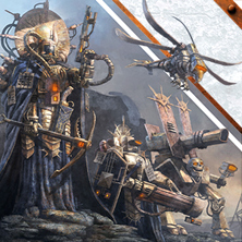 An illustration of figures in rusted, cobbled-together mechanical armour wielding a mix of medieval weapons and guns, accompanied by two strange robots