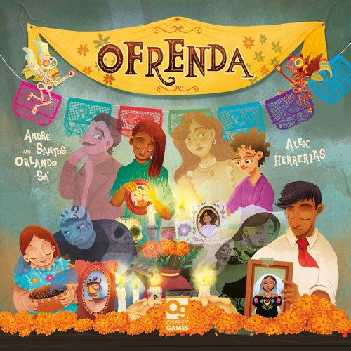 The cover of the board game Ofrenda, with art depicting a diverse array of Mexican people placing offerings while the ghosts of their relatives look warmly on