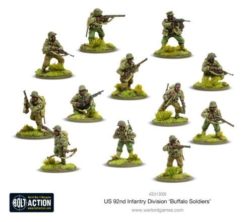 A photo of fully painted miniature wargaming figures from Warlord Games, depicting the WW2 US 92nd Infantry Division, for Bolt Action