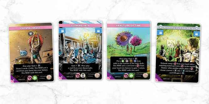 A sample spread of cards from the Martians deck of Imperium: Horizons, named left to right: Crystal Skull, Cloning Vats, Fracture of Time, Sharing Our Secrets