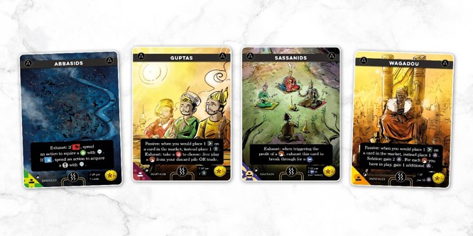 A sample spread of cards showing off the new trader civilisations from Imperium: Horizons: the Abbasids, the Guptas, the Sassanids and the Wagadou