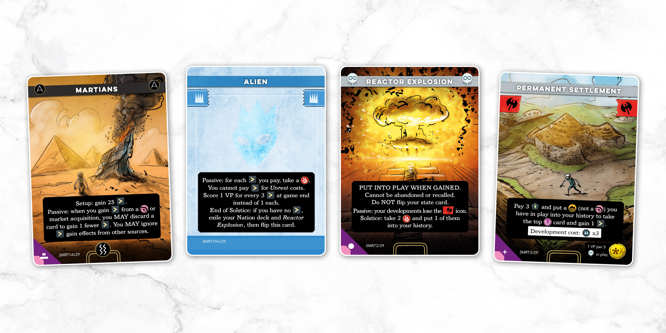 A sample spread of cards from the Martians deck of Imperium: Horizons, named left to right: Martians, Alien, Reactor Explosion, Permanent Settlement