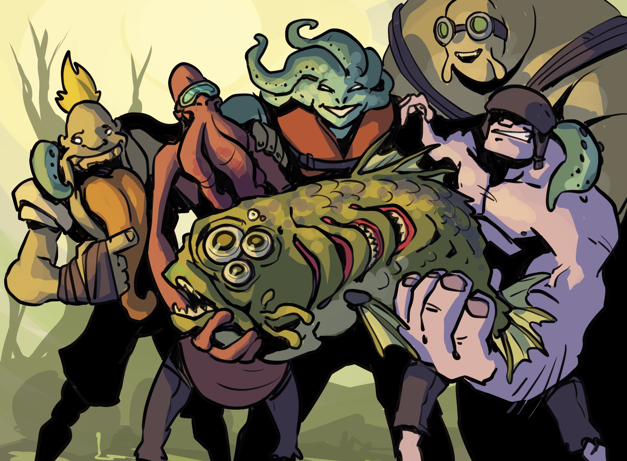 An illustration of a ragtag gang of mutants clustered together holding a giant mutated fish they've caught