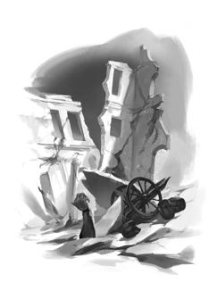 A black-and-white, sketch-like illustration of a building ruined by an earthquake with an arm sticking up out of the ground