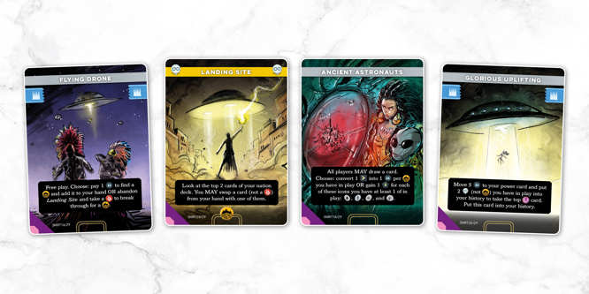 A sample spread of cards from the Martians deck of Imperium: Horizons, named left to right: Flying Drone, Landing Site, Ancient Astronauts, Glorious Uplifting
