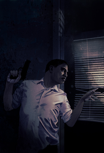 An illustration of a man holding a pistol peering out through a set of blinds