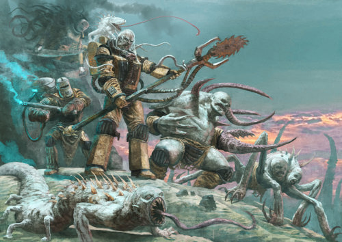 An illustration of a group of armed and armoured, monstrously mutated humanoid figures, flanked by even more mutated creatures crawling along the ground